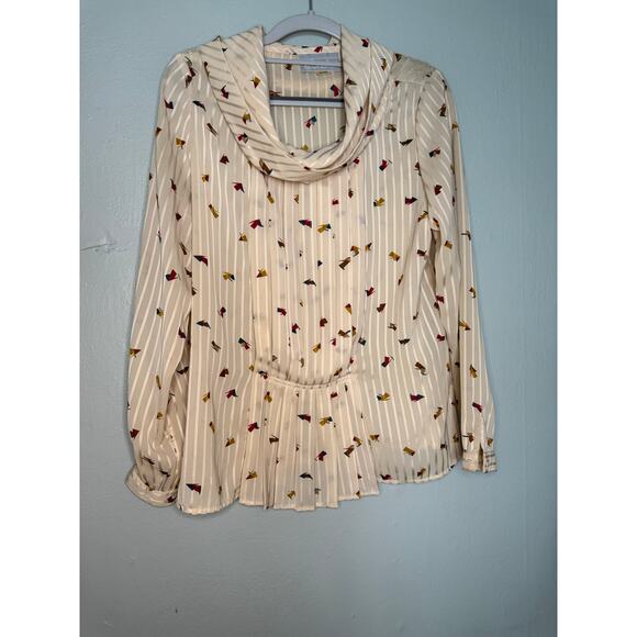 Vintage Carol Bird pleated cowl neck blouse all over print 80s - Picture 1 of 8